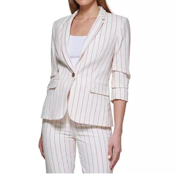 DKNY ivory / pink striped single front smooth silhouette blazer sport coat Sz 8 - Picture 1 of 10